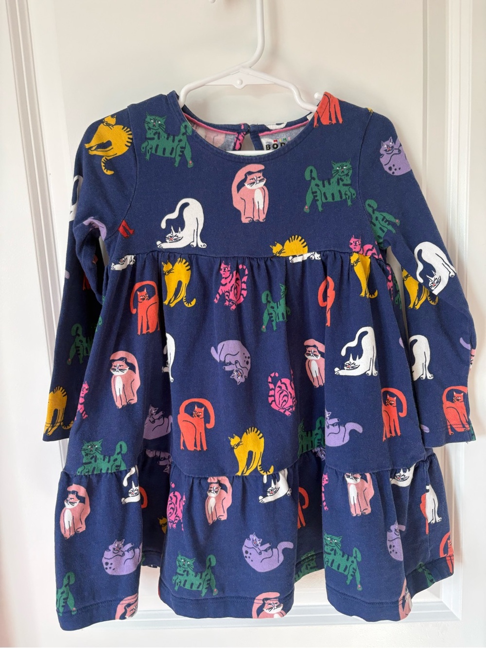 Mini Boden Girls Navy Cat Print Tiered Dress 3-4Y